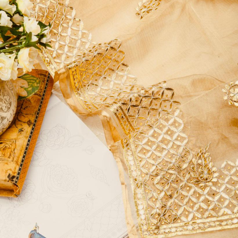 Golden Beige Tissue Kota Silk Saree