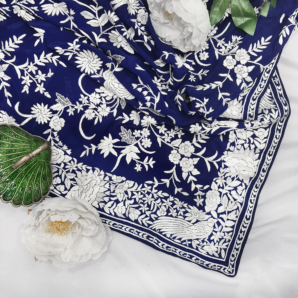 Ink Blue Hand Embroidered Parsigara Saree - Pre Order