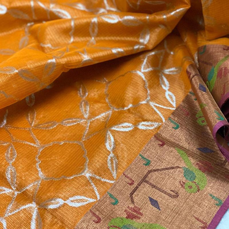 Orange Kota Silk Saree - WeaveinIndia