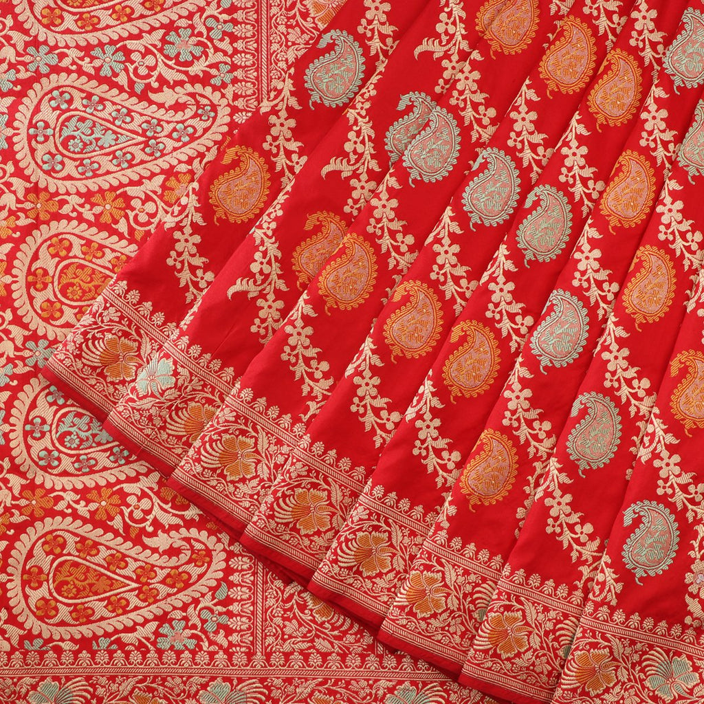 Handwoven Sindoori Red Keriya  Banarasi  Silk Sari - WIIBT0085 - Cover View
