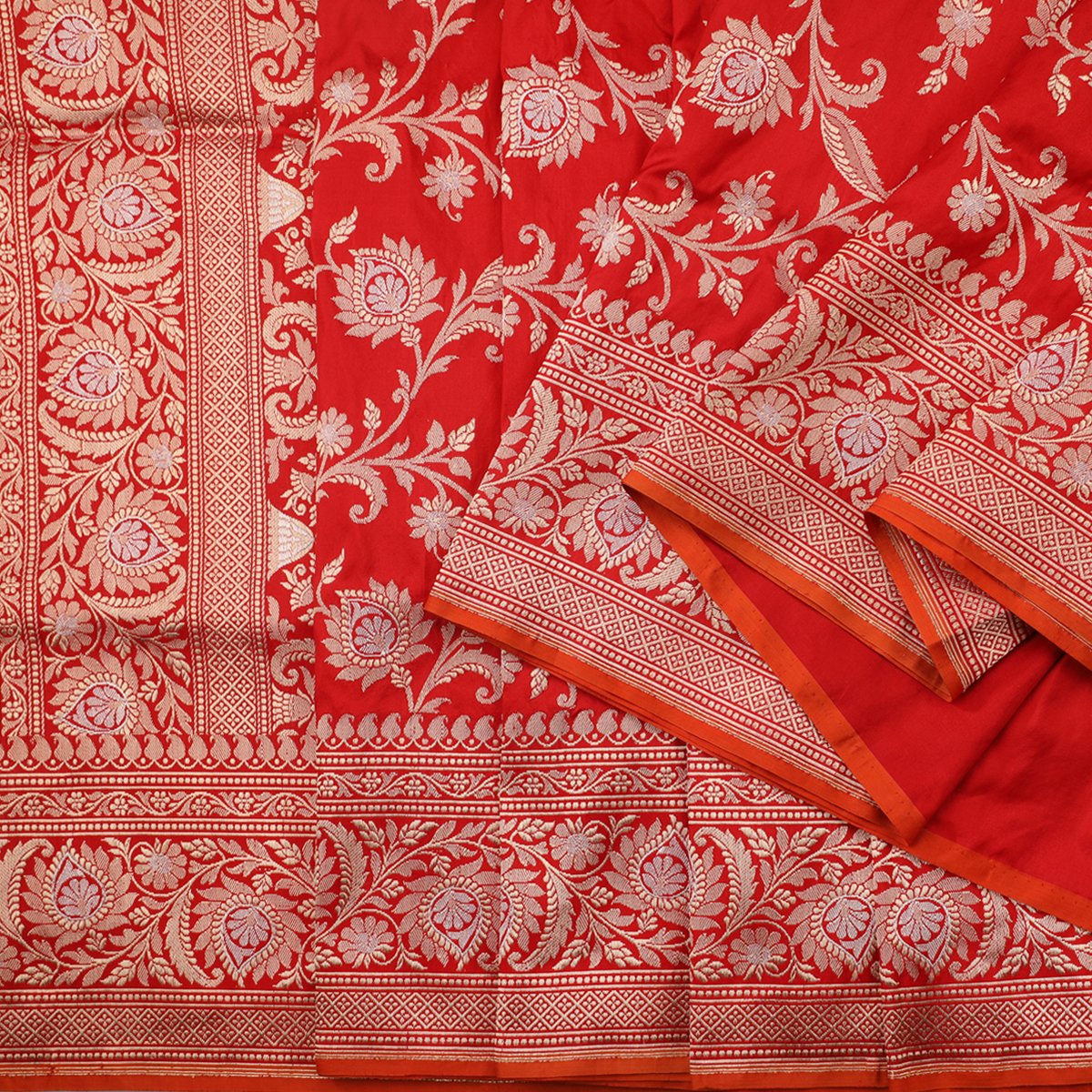 Handwoven Chilli Red Banarasi Silk Sari - PREBAN002 - Cover View