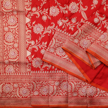 Handwoven Chilli Red Banarasi Silk Sari - PREBAN002 - Cover View