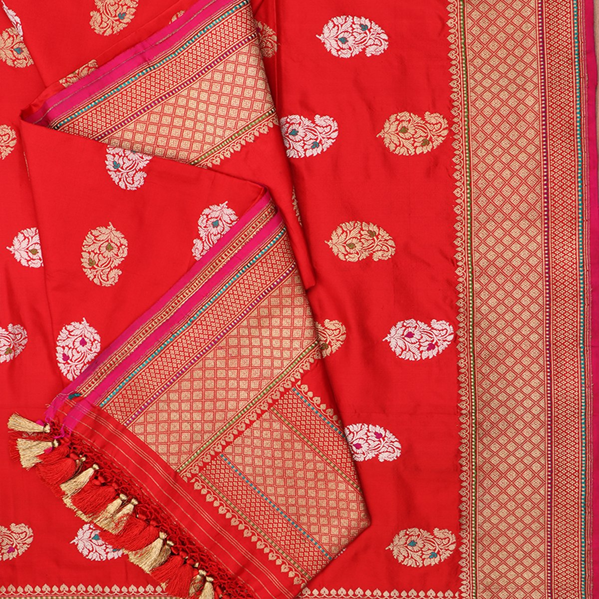 Handwoven Chilli Red Katan Silk Dupatta - WIISDT665 40B - Cover View
