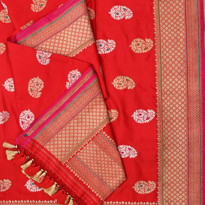 Handwoven Chilli Red Katan Silk Dupatta - WIISDT665 40B - Cover View