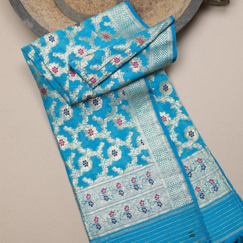 Handwoven Blue Banarasi Silk Dupatta - WeaveinIndia