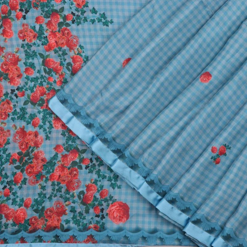 Digitally Printed Blue Chaukdi Gulab Saree - WeaveinIndia