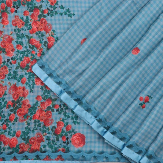 Digitally Printed Blue Chaukdi Gulab Saree - WeaveinIndia
