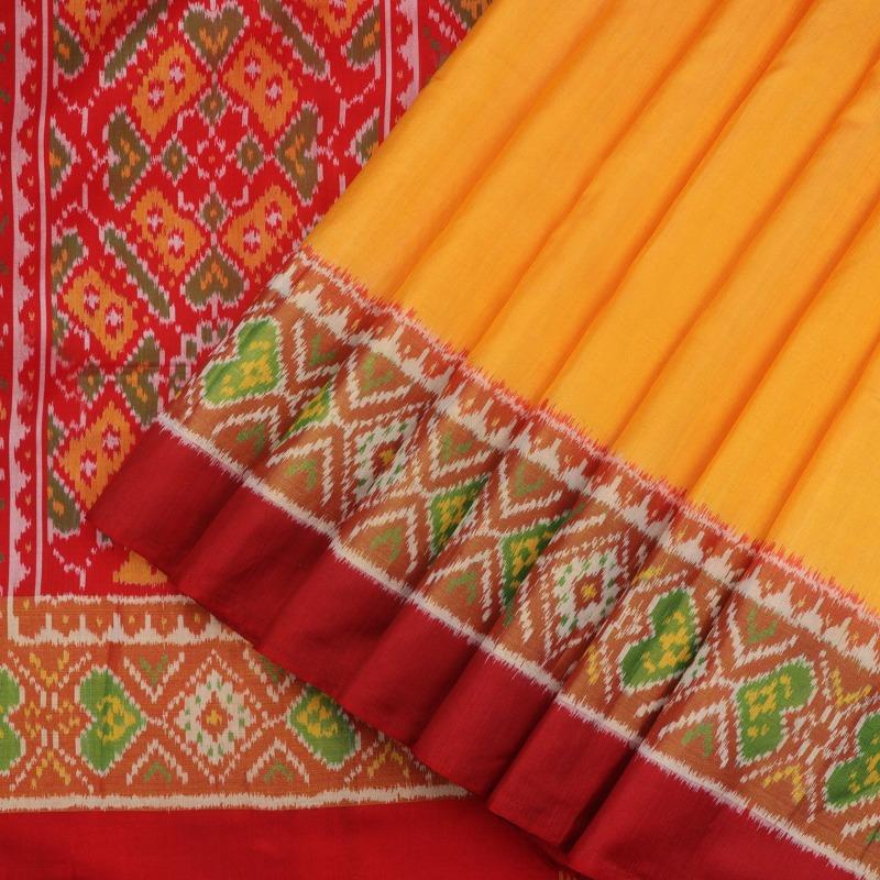 Yellow and Red Single Ikat Patola Sari - WeaveinIndia