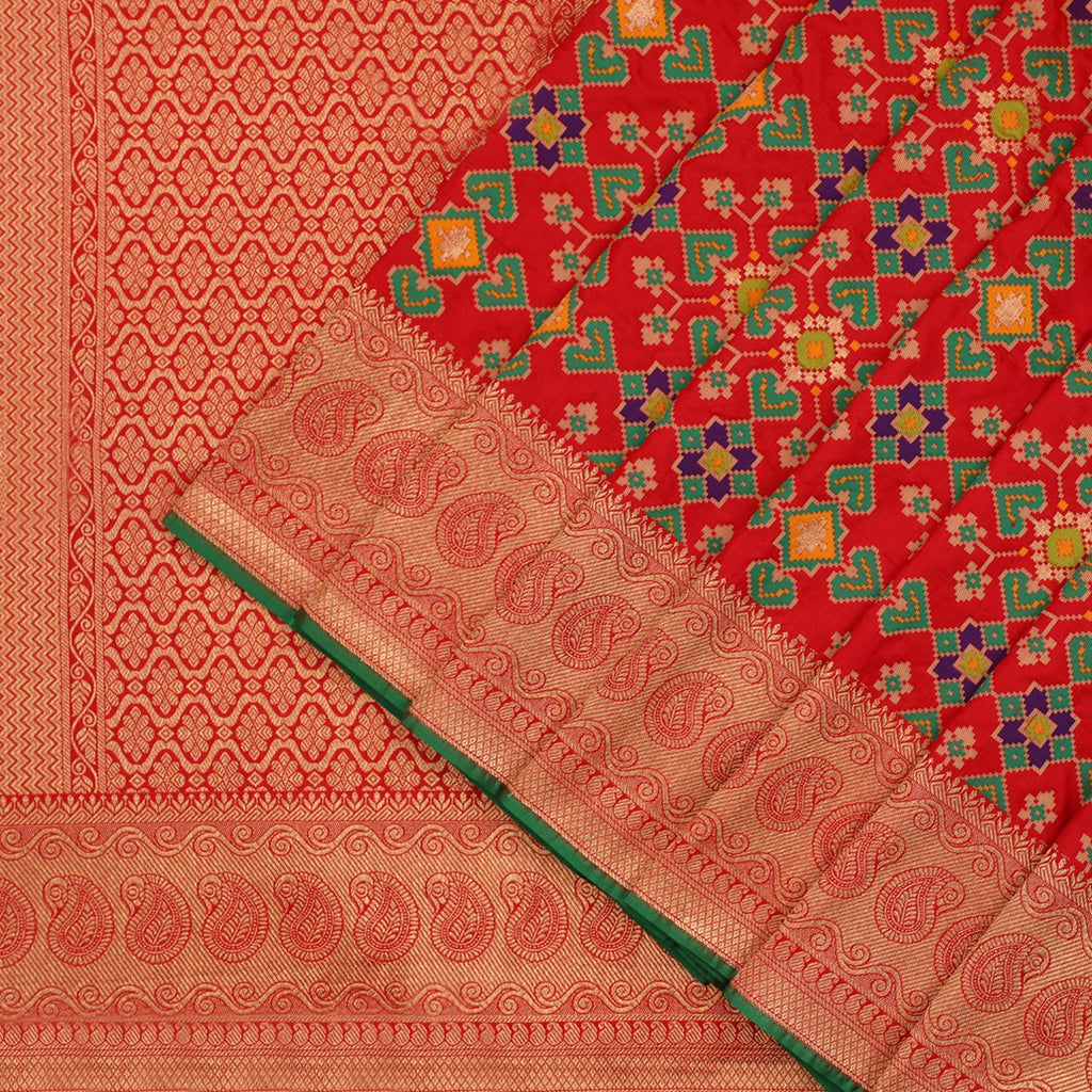 Bright Red Patola Banarasi Silk Saree - WeaveinIndia