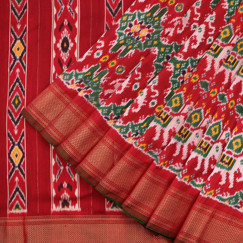 Handwoven Vermilion Red Single Ikat Twill Silk Sari With Kanjivaram Border-WIIGS033 - Cover View