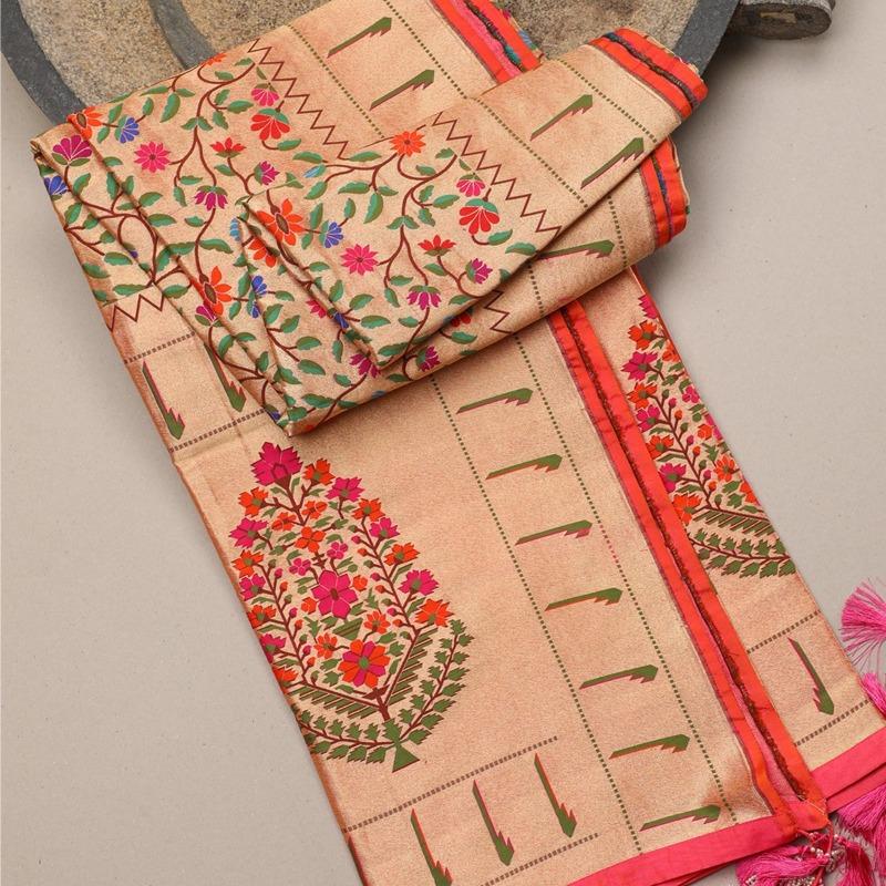 Peachy Orange Paithani Banarasi Silk Dupatta - WeaveinIndia