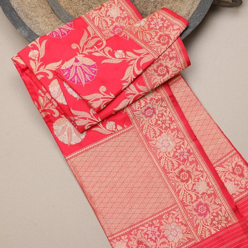 Coral Pink Floral Banarasi Silk Dupatta - WeaveinIndia