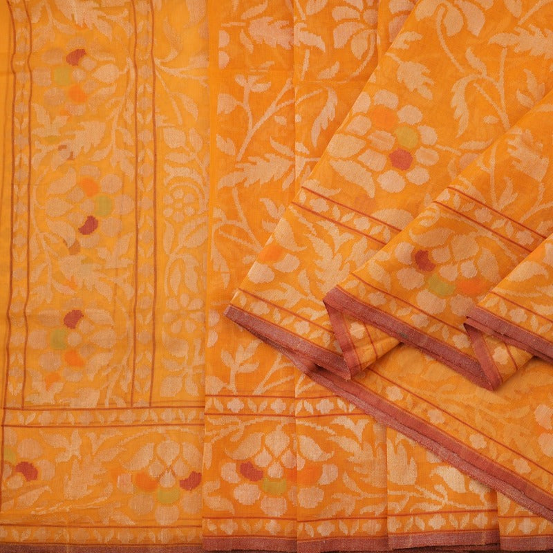 Handwoven Sunset Orange Silk Cotton Jamdani Sari - WIIRJ0147 - Cover view