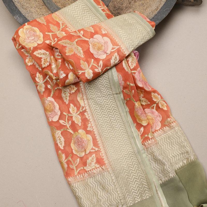 Handwoven Brick-OrangeGeorgette Banarasi Dupatta - WeaveinIndia