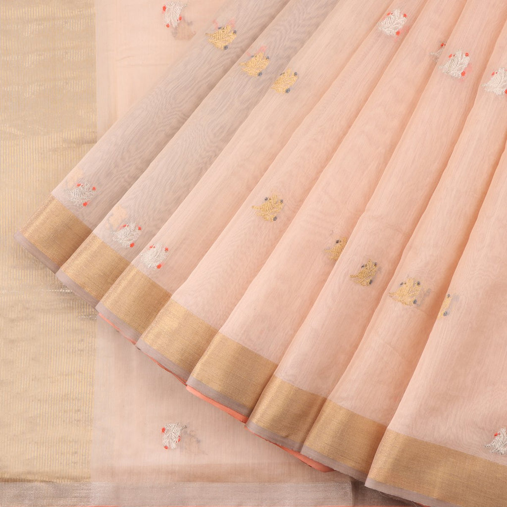 Handwoven Peach Silk Cotton Chanderi Sari - WIIAPRI CEBS -1 - Cover View