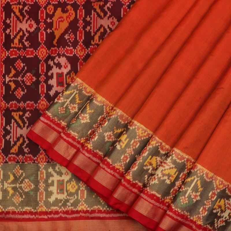 Orange and Red Single Ikat Patola Saree - WeaveinIndia