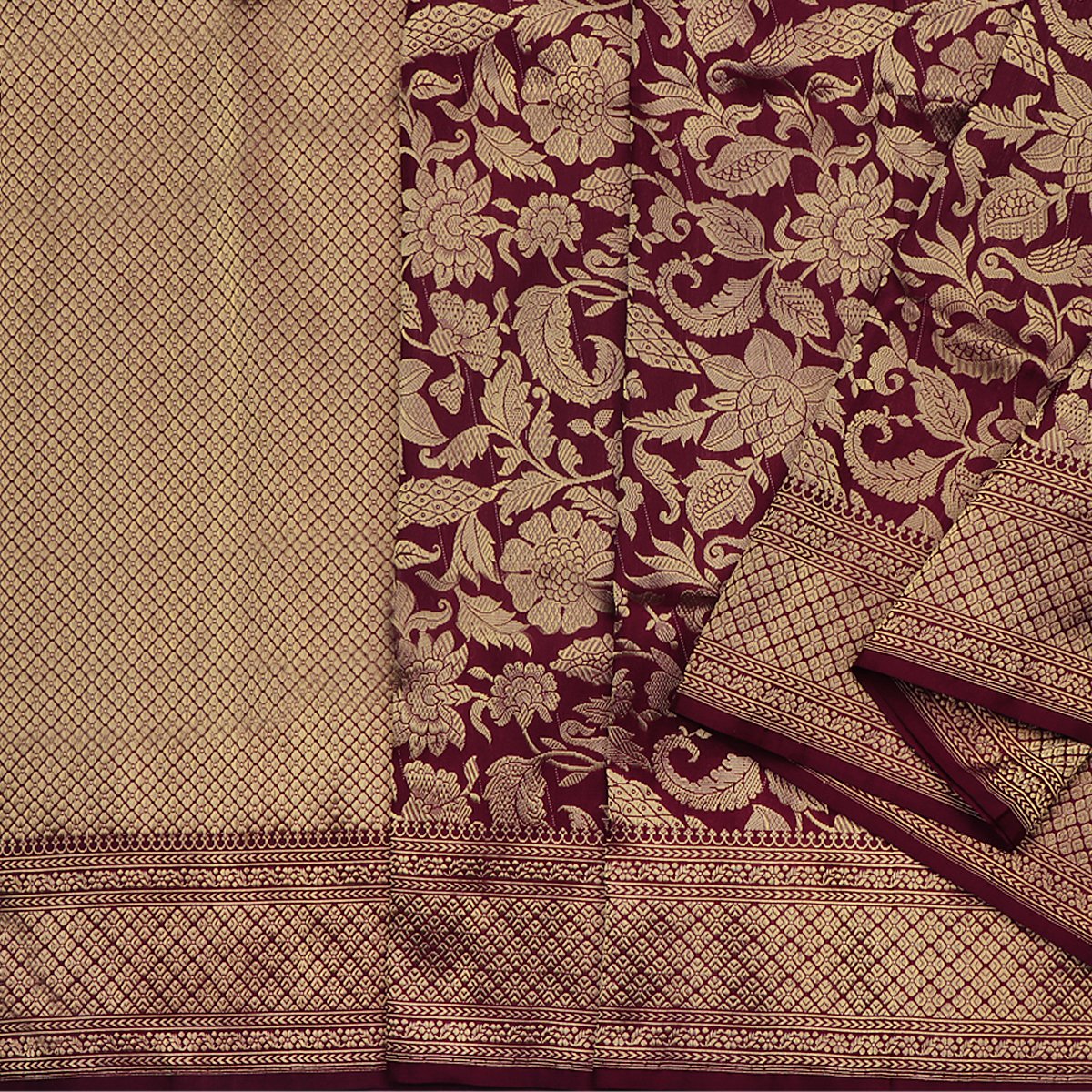 Handwoven Burgundy Banarasi Silk Sari - WIIKBDA0005 - Cover View