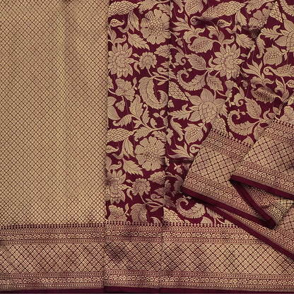 Handwoven Burgundy Banarasi Silk Sari - WIIKBDA0005 - Cover View