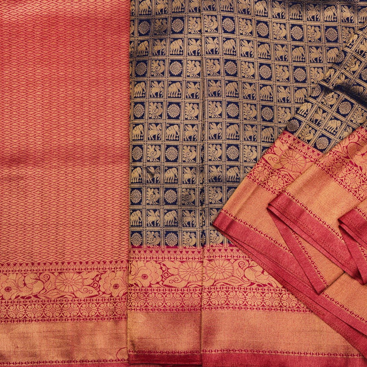 Handwoven Persian Blue Satin Zari Tanchoi Kanjivaram Silk Sari - WIISHNIKARIDNAM038 - Cover View