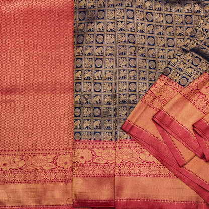 Handwoven Persian Blue Satin Zari Tanchoi Kanjivaram Silk Sari - WIISHNIKARIDNAM038 - Cover View