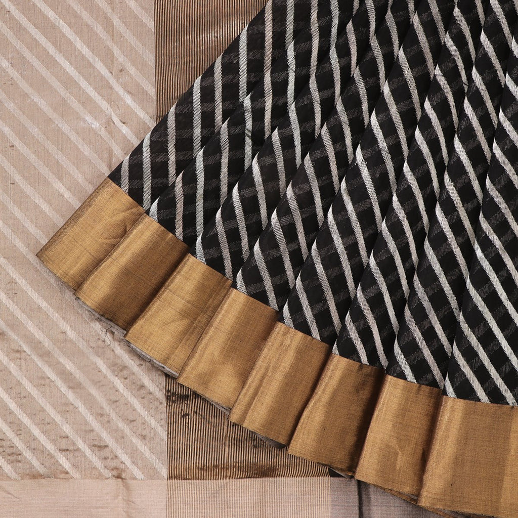 Handwoven Black And Silver Diagonal Stripes Silk Cotton Chanderi Sari - WIIAPRI CFJS(6) - Cover View