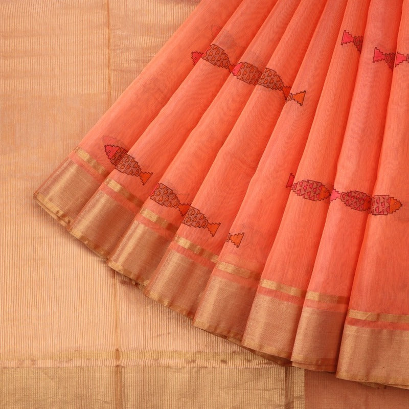 Handwoven Papaya Orange Silk Cotton Chanderi Sari - WIIAPRI CPSR0004  - Cover View