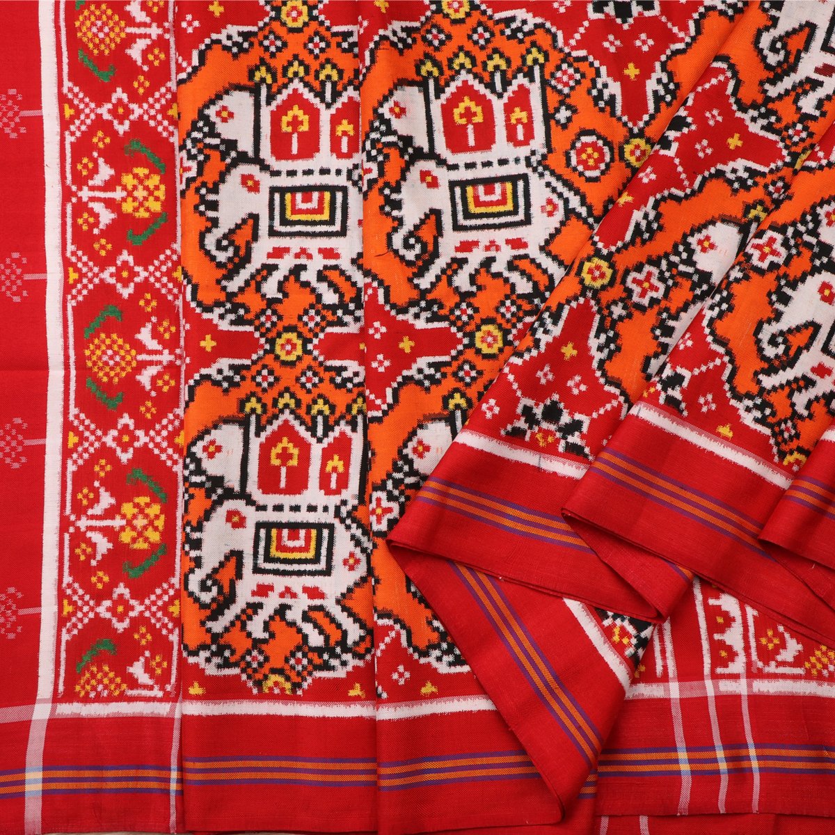 Handwoven Vermilion Red and Pop Orange Chhabadi Kunj Patan Patola Ikat Sari -WIITNKP002 - Cover View