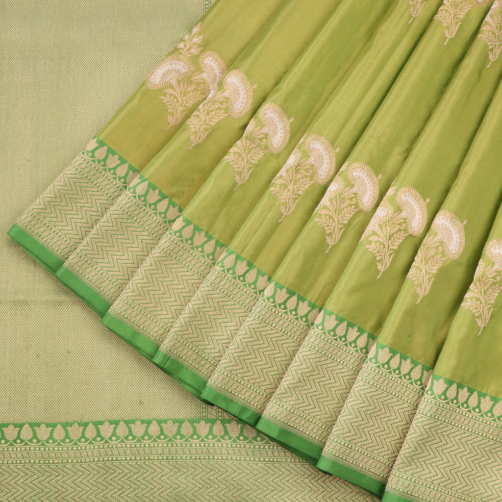 Handwoven Parrot Green Banarasi Silk Sari - WIIBT0090 - Cover View