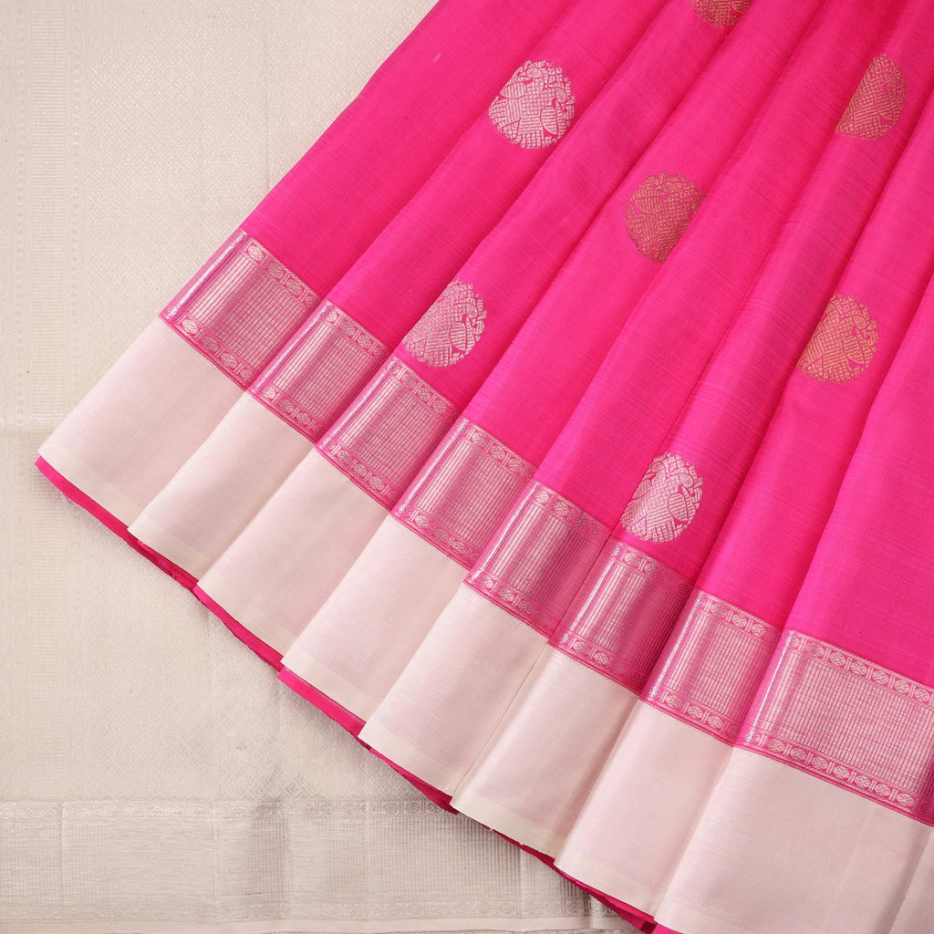 Handwoven Pink & White Kanjivaram Silk Sari - WIICS010 - Cover View