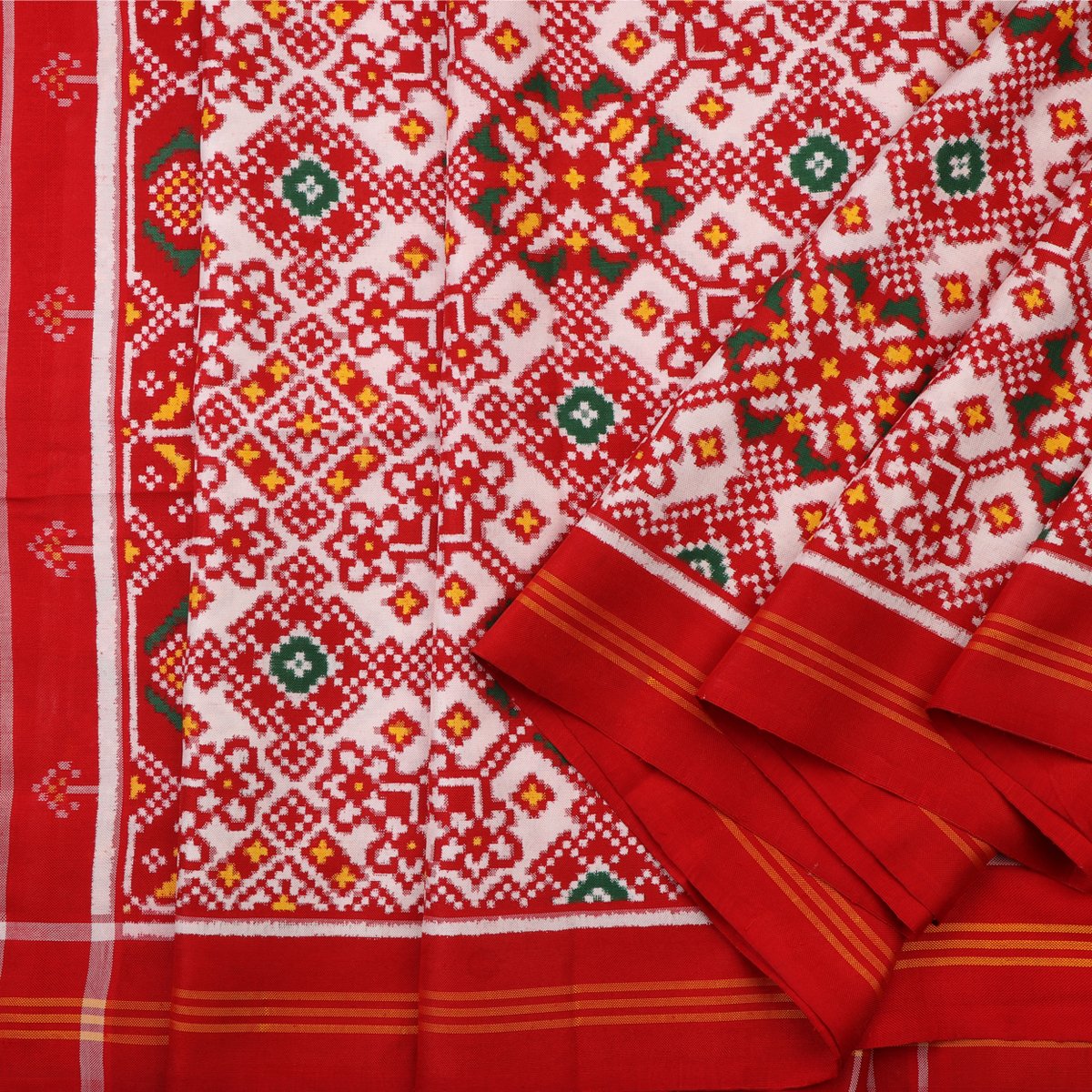 Handwoven Chilli Red Navaratna Patan Patola Ikat Sari - WIITNKP003 - Cover View