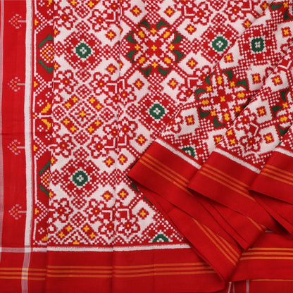 Handwoven Chilli Red Navaratna Patan Patola Ikat Sari - WIITNKP003 - Cover View