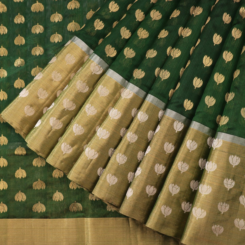 Handwoven Bottle Green Mogra Motif Chanderi Silk Sari - WIIHSBH001C - Cover View