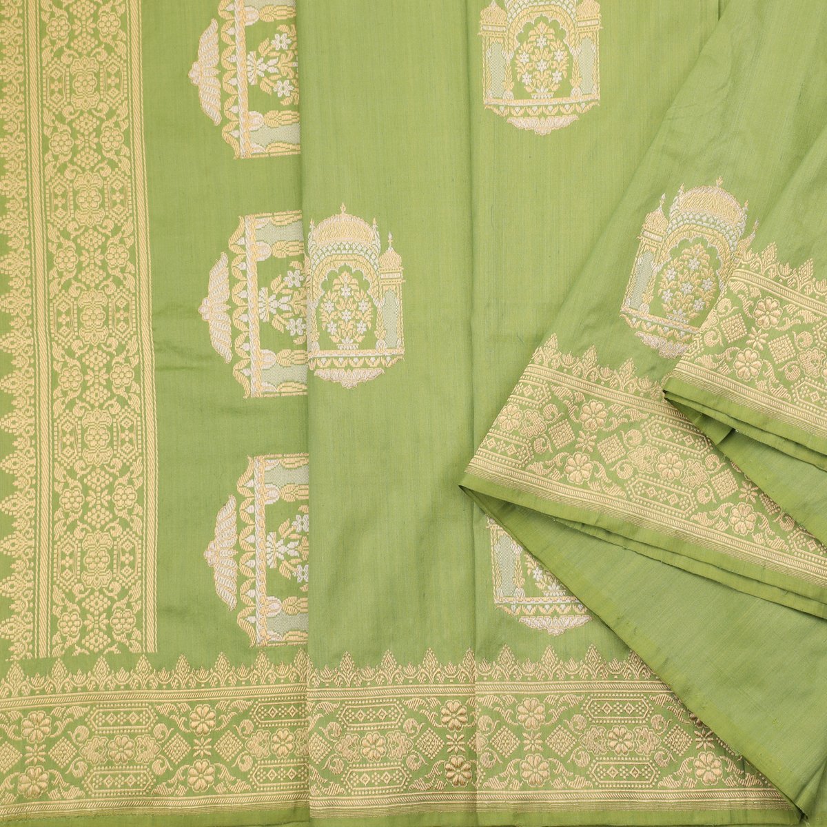 Handwoven Pear Green Banarasi Katan Silk Sari - WIIBT0090 - Cover View