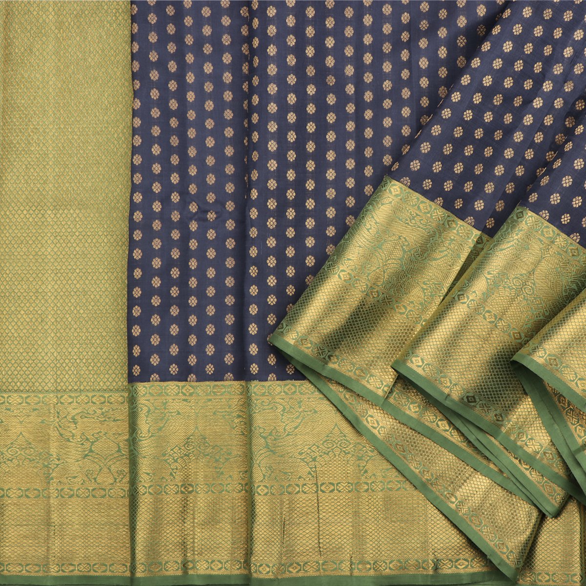 Handwoven Navy Blue Kanjivaram Silk Sari - WIIARIDNAM075 - Cover View