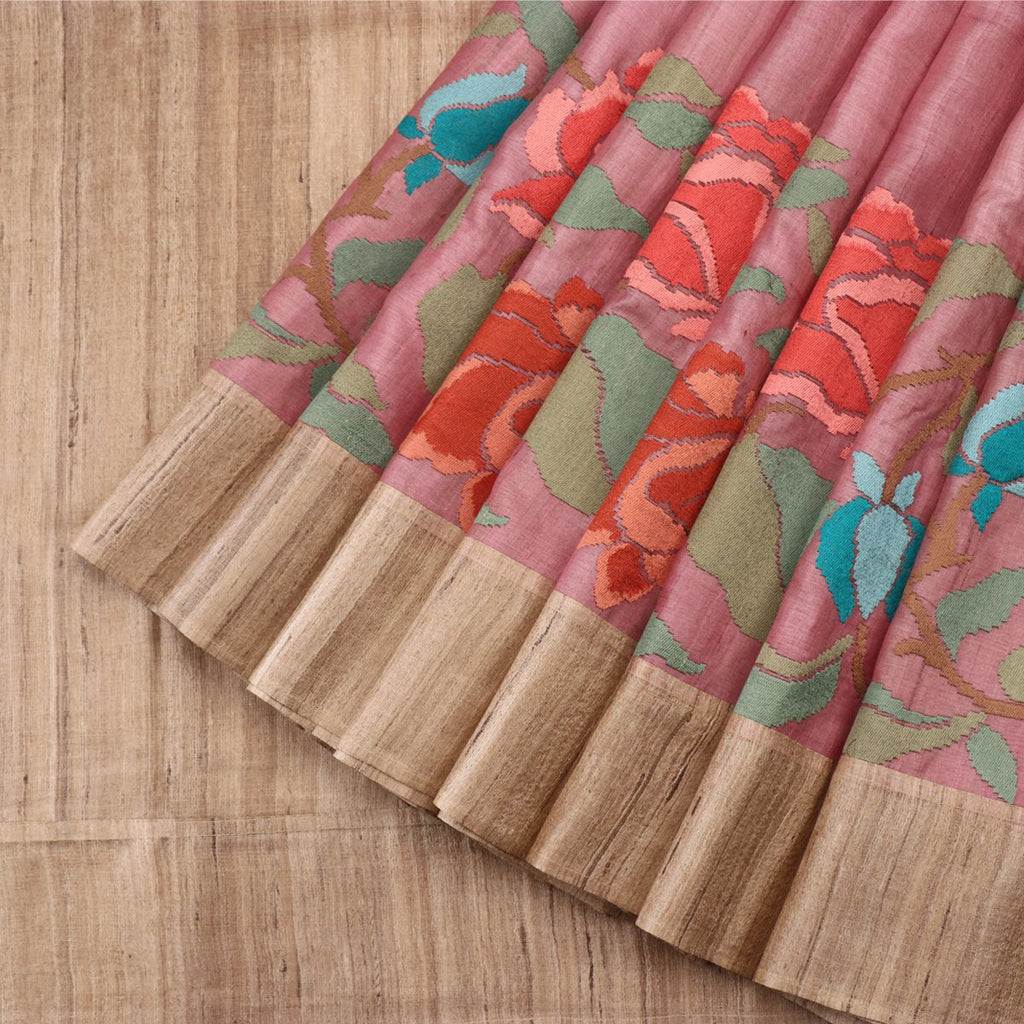 Handwoven Onion Pink Tussar Silk Sari Sari - WIISHNIKARIDNAM0108 - Cover View