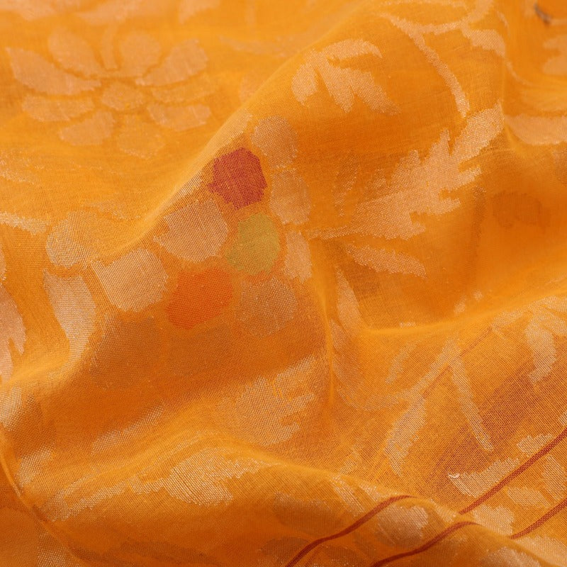 Handwoven Sunset Orange Silk Cotton Jamdani Sari - WIIRJ0147 - Fabric View