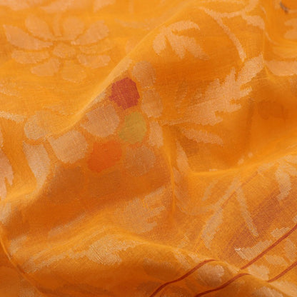 Handwoven Sunset Orange Silk Cotton Jamdani Sari - WIIRJ0147 - Fabric View