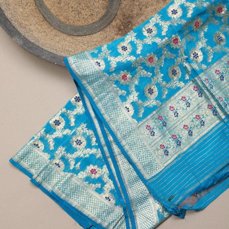 Handwoven Blue Banarasi Silk Dupatta - WeaveinIndia