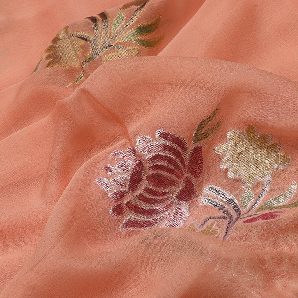 Handwoven Blush Pink Banarasi Pure Silk Georgette Sari - WIISDT1938 03-1 - Fabric View