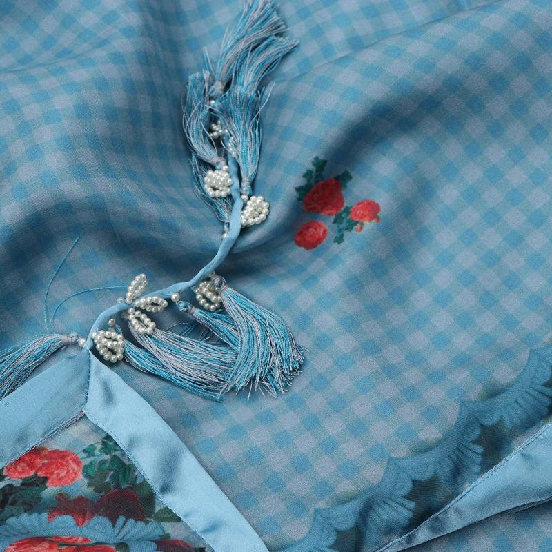Digitally Printed Blue Chaukdi Gulab Saree - WeaveinIndia