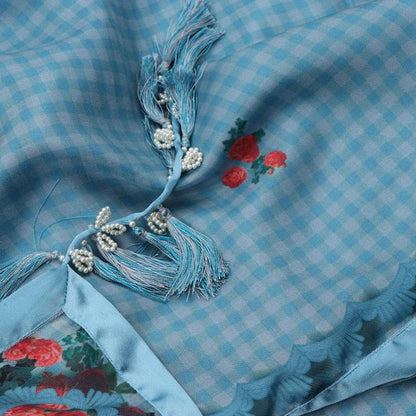 Digitally Printed Blue Chaukdi Gulab Saree - WeaveinIndia