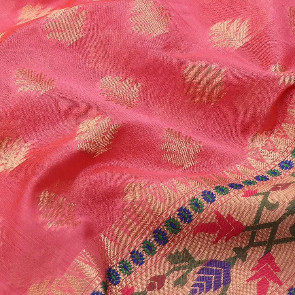 Handwoven Coral Pink Kora Silk Sari - WIISHNIKARIDNAM045 - Fabric View