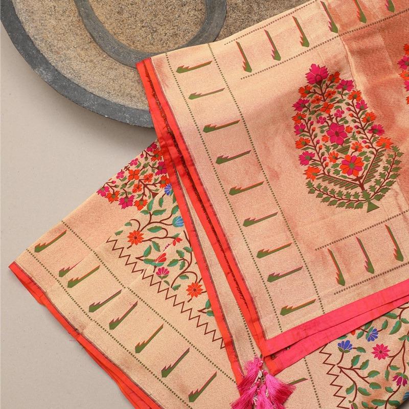 Peachy Orange Paithani Banarasi Silk Dupatta - WeaveinIndia