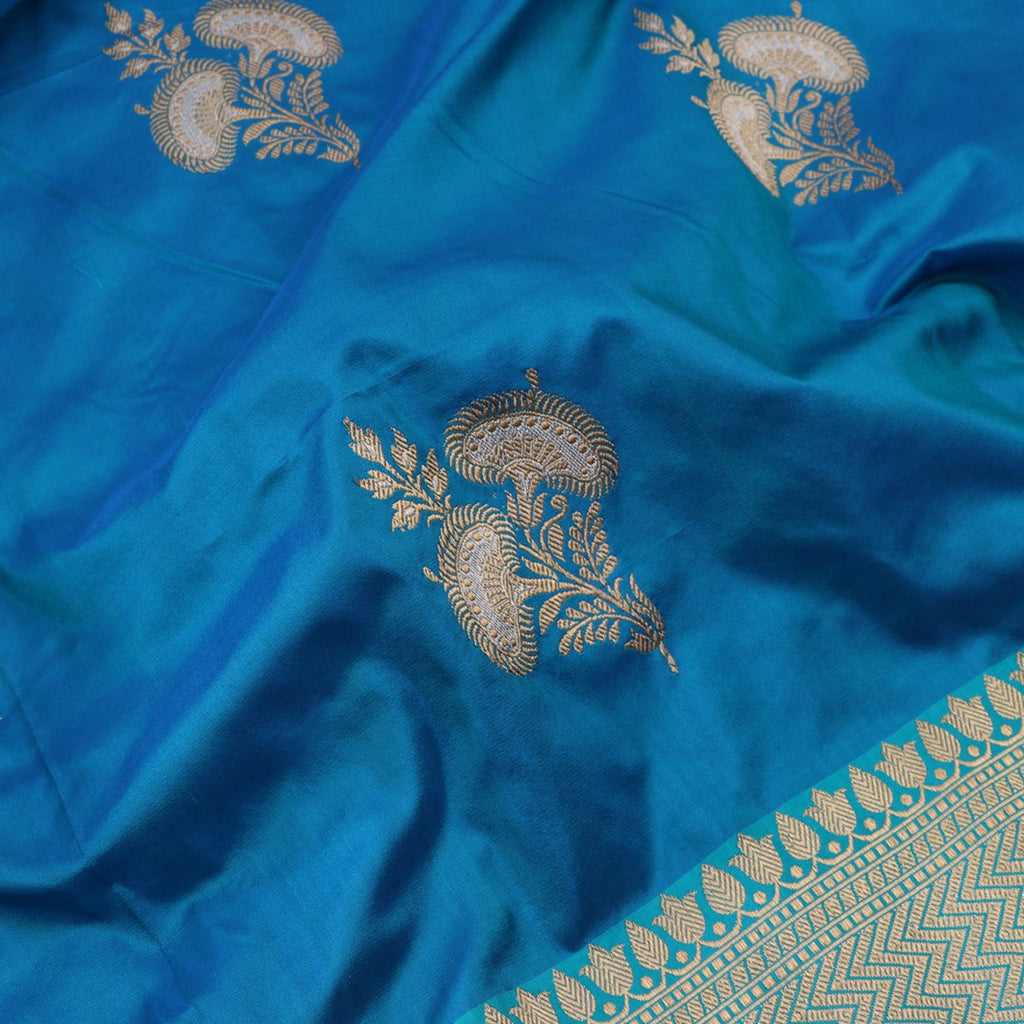 Handwoven Turquoise Blue Banarasi Silk Sari - WIIBT0013 - Fabric View
