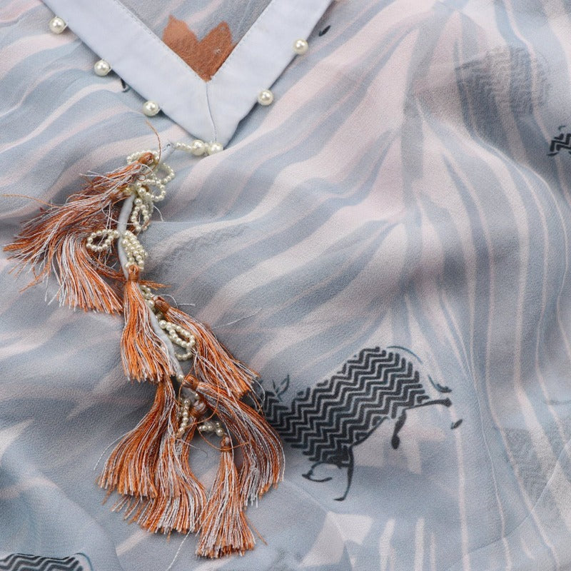 Powder Blue Tropical Pichwai Sari - WIIAKALICO SS02- Tassel View
