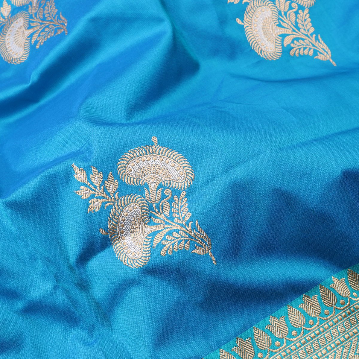 Handwoven Sea Blue Banarasi Silk Sari - WIIBT0034 - Fabric View