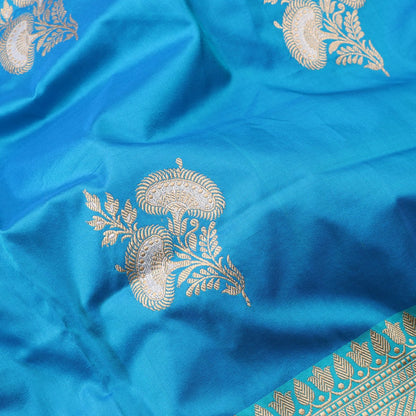 Handwoven Sea Blue Banarasi Silk Sari - WIIBT0034 - Fabric View