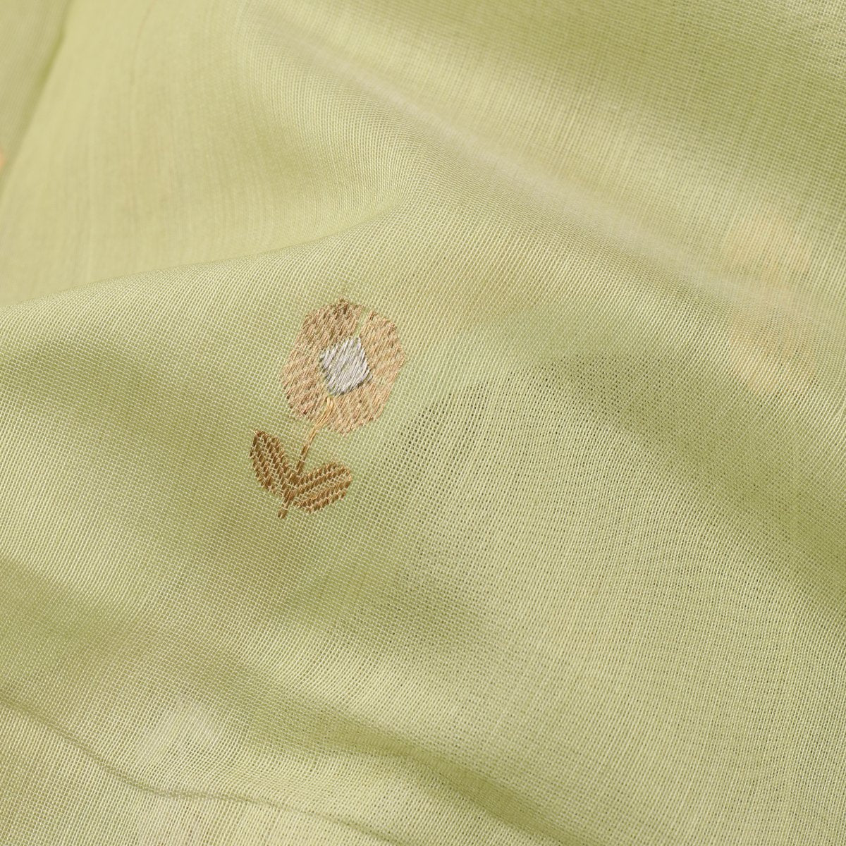 HANDWOVEN PISTA GREEN CHANDERI SILK EK NALIYA BUTTI SARI-WIIAPRICEBS 01- Fabric View