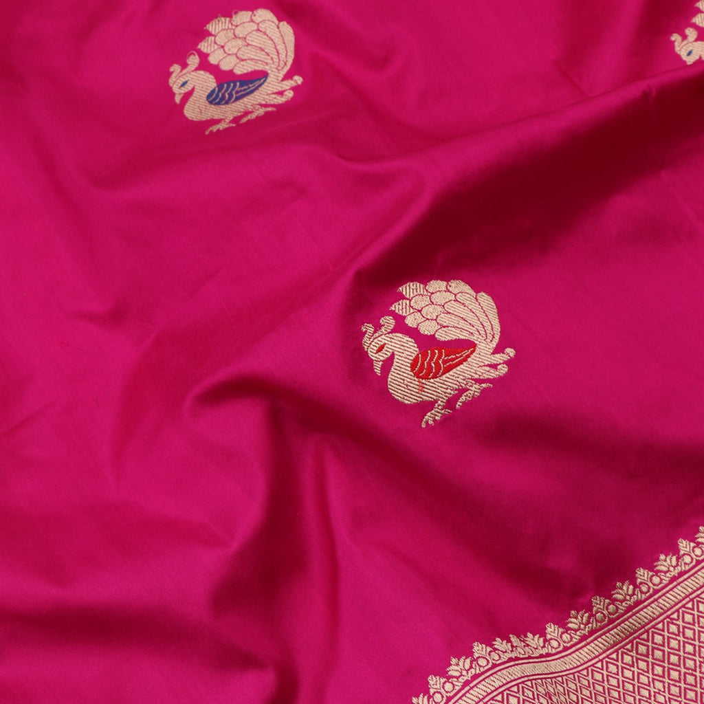 Handwoven Rani Pink  Banarsai Silk Sari - WIIBT0062 - Fabric View