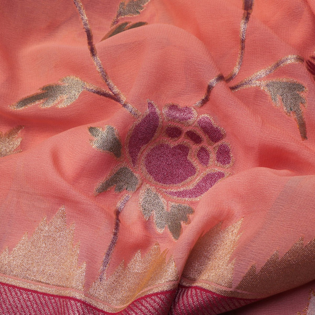 Handwoven Coral Banarasi Pure Silk Georgette Sari - WIIEDT3466 08 - Fabric View